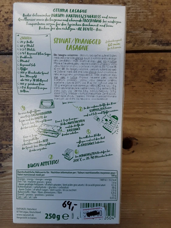 Bio lasagne celozrnné
