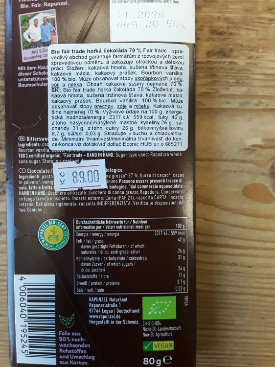 Bio Fair Trade hořká čokoláda 70%