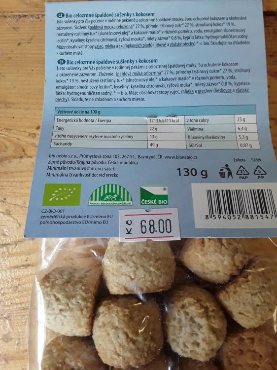 Bio celozrnné špaldové sušenky s kokosem