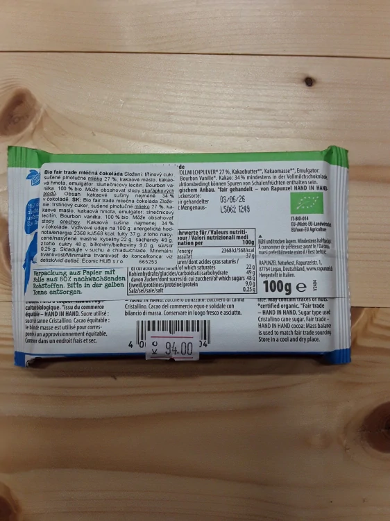 Bio mléčná čokoláda