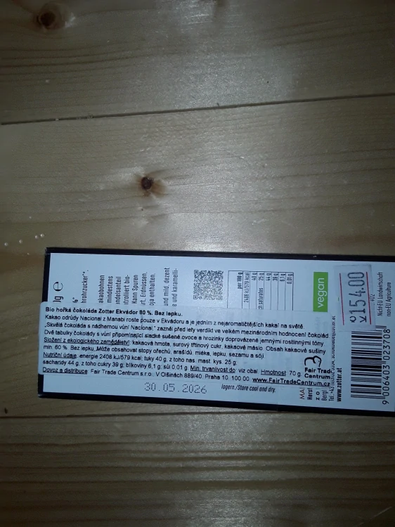 Bio hořká čokoláda Zotter Ekvádor 80%. Bez lepku.