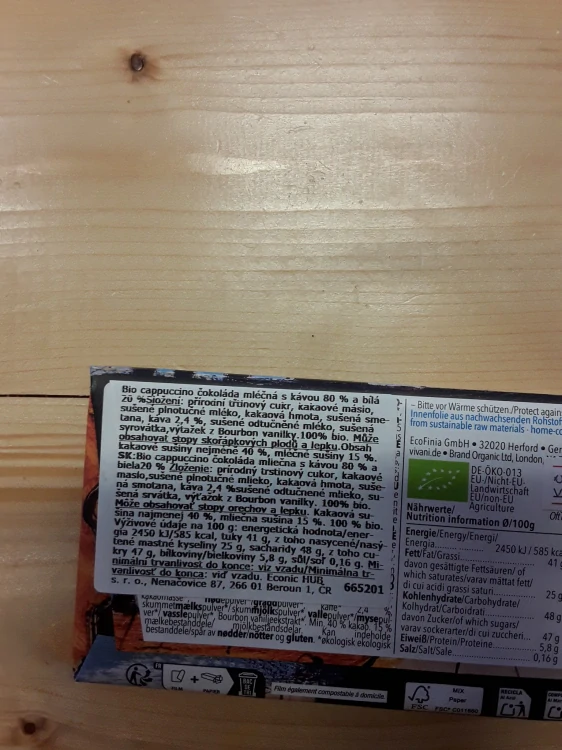 Bio cappuccino Čokoláda mléčná s kávou 80% a bílá 20%