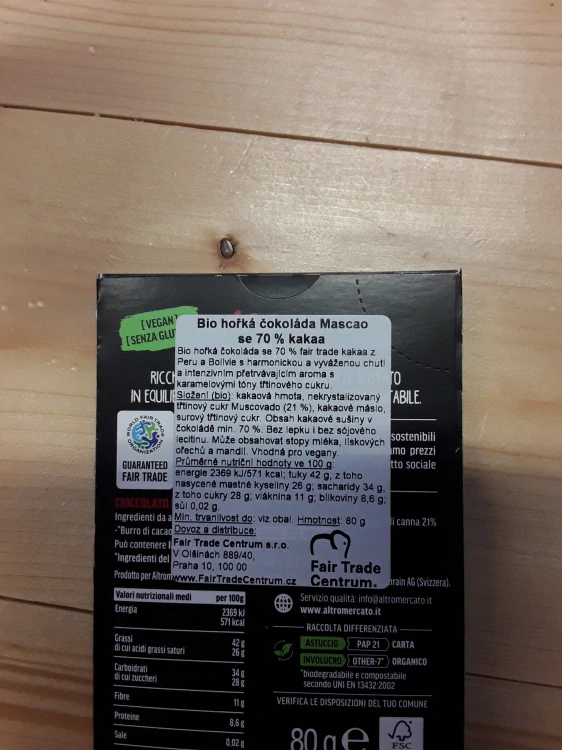 Bio hořká čokoláda mascao se 70% kakaa