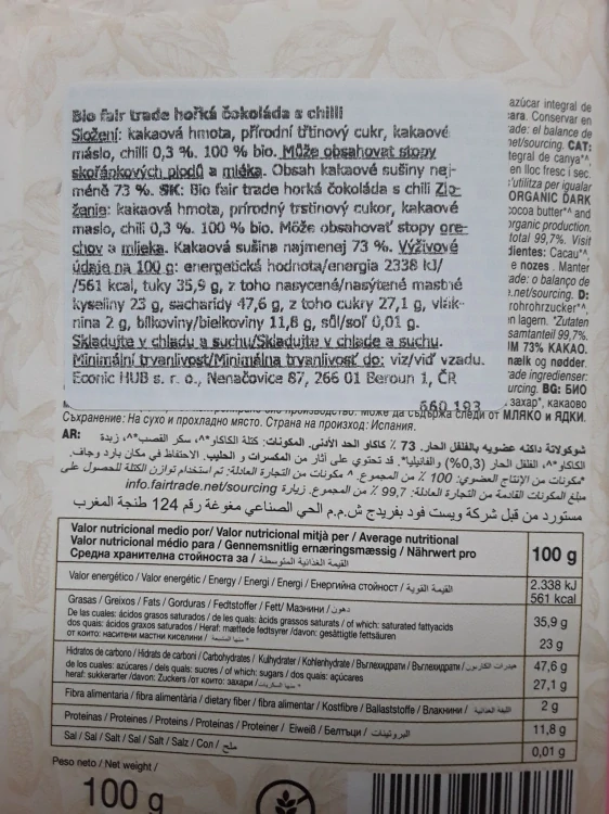 Bio Fair Trade hořká čokoláda s chilli