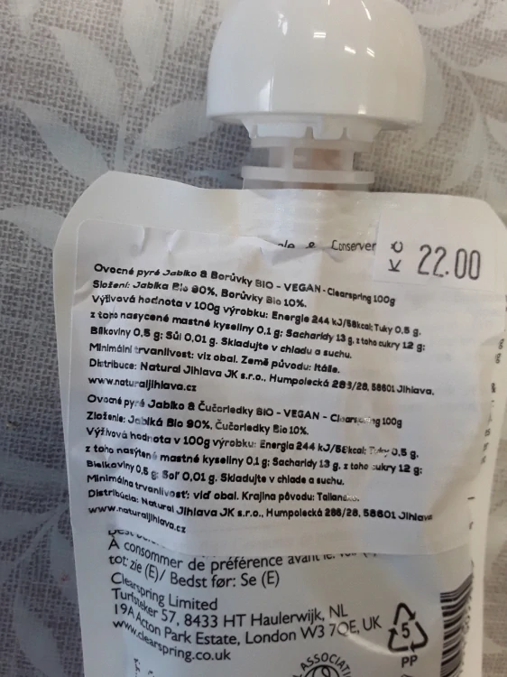 Ovocné pyré jablko a borůvky bio