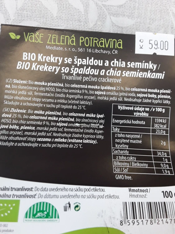 Krekry ze špaldou a chia semínky bio